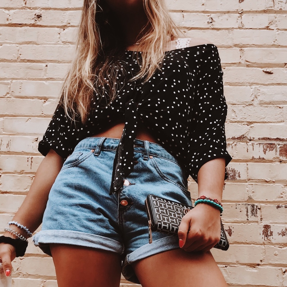 Black and white polka dot tie blouse